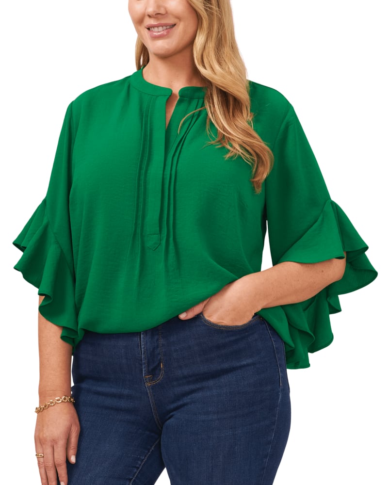Front of a model wearing a size 1X Aubrey Ruffle Sleeve Blouse in RICH MEADOW by Vince Camuto. | dia_product_style_image_id:261495